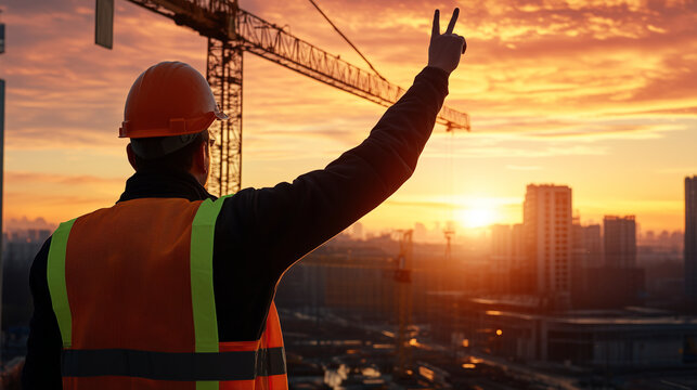 An inspiring image of a worker signaling to a crane operator, as steel beams are being positioned high above a busy construction site, highlighting collaboration in urban developme