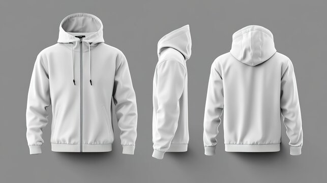 White zipper hoodie mockup in front, side, and back view on grey background.