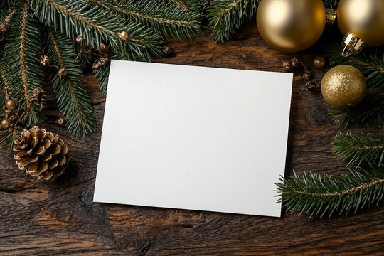 Christmas 7x5 card mockup template on natural fir twigs on wooden background. Design element for Christmas and New Year congratulation, rsvp, thank you, greeting or invitation card, sale