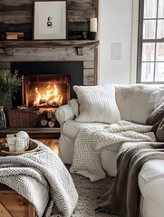 Naklejka premium A cozy living room with thick wool blankets, pillows, and a fire roaring in the fireplace, creating a warm haven from the cold.