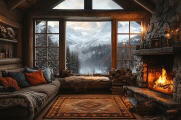 Naklejka premium Cozy wooden chalet interior overlooking stunning winter mountain view with burning fireplace