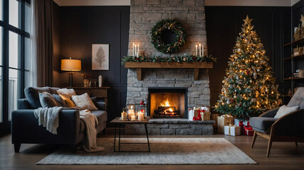 Naklejka premium Christmas interior. Modern living room with sofa, fireplace and decorated Christmas tree.