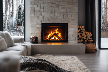 Naklejka premium Minimalist living room interior with with burning fire in modern fireplace 