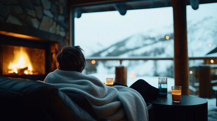 Naklejka premium Person wrapped in blanket sitting on a sofa by a fireplace, looking out at snowy mountains through large windows with drinks on a nearby table.