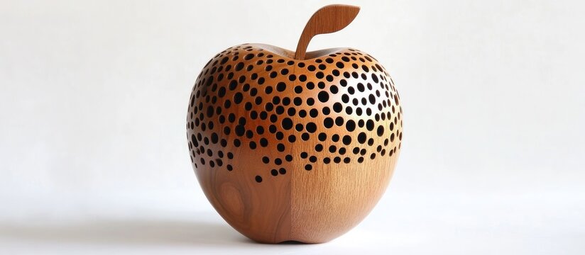 Unique wooden apple sculpture featuring intricate holes ideal for decorative use in home or office settings