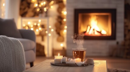 Naklejka premium Hygge concept cozy living room near the fireplace and candles