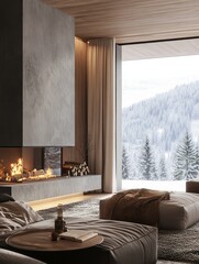 Naklejka premium Modern Living Room Fireplace Winter Mountain View