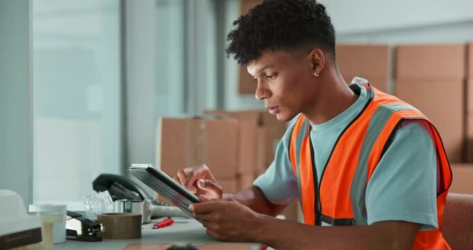 Logistics, boxes and man in warehouse with tablet for inspection, delivery and supply chain distribution. Shipping, package and courier on digital app for checklist, inventory management or ecommerce