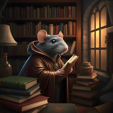 Anthropomorphic Rat Reading in Medieval Library