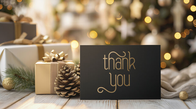 Black Thank You note card Christmas image with gold text, festive holiday decorations with branches, lights, ornaments, cones. Thank You Note Day on December 26th to express gratitude and appreciation