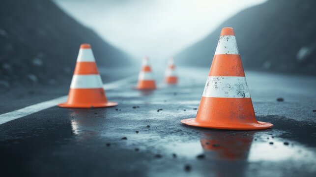 Traffic cones positioned on a rapidly traversed road, emphasizing the urgency and speed of the environment. The scene captures the traffic cones against a dynamic backdrop with ample copy space.