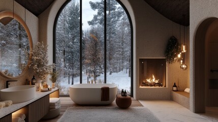 Naklejka premium Luxurious modern bathroom with a freestanding tub, fireplace, and large arched window overlooking a snowy forest, creating a cozy and serene winter retreat, AI