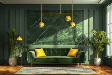 Naklejka premium Luxurious living room green marble wall olive velvet sofa mid century modern furniture