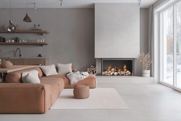 Naklejka premium Modern minimalist living room with sofa. Scandinavian interior design. Mocha Mousse - color of the year 2025. Furniture and home decorations