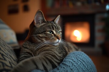 Naklejka premium A tabby cat peacefully nestled on a soft blanket, basking in the warm glow of a fireplace. The comforting ambiance makes it an ideal scene of relaxation. AI generated.