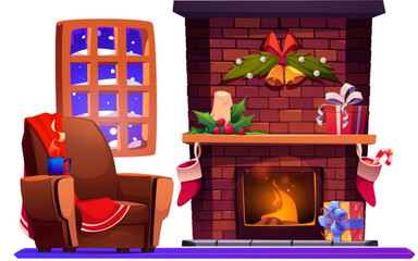 Naklejka premium Christmas fireplace in house living room vector. Cozy winter indoor illustration with holiday decoration, present, and snow on window isolated scene. Xmas and New Year celebration at home concept