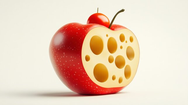 Whimsical Red Apple with Cheese Holes, Surreal Concept of Food Combining Fruit and Dairy in a Playful and Creative Design, Perfect for Artistic Illustrations and Graphics