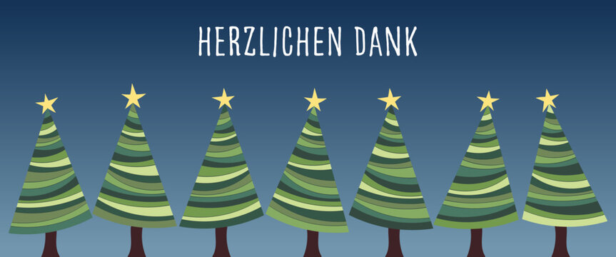 Herzlichen Dank - Schriftzug in deutscher Sprache. Dankeskarte mit Weihnachtsbäumen.