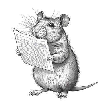 A rat or mouse reading a newspaper. Image in monochrome style. Illustration for cover, card, postcard, interior design, banner, poster, brochure or presentation.