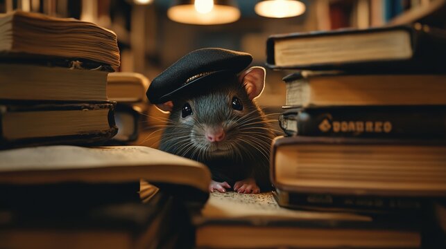 A clever rat peeks out from behind books while wearing a stylish beret in a cozy library setting.