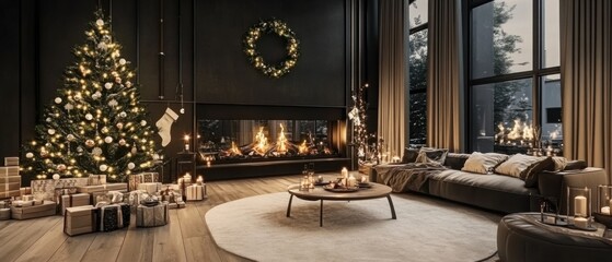 Naklejka premium Luxurious Modern Living Room with Christmas Tree and Fireplace