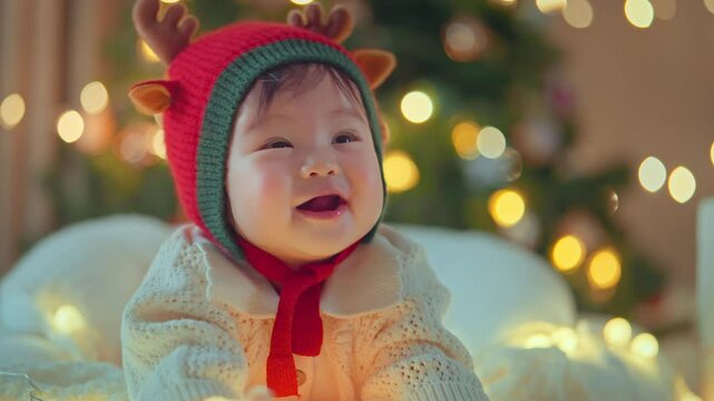 Happy little baby asian girl wearing Christmas costume sitting in front of a Christmas tree with gifts and lights, First Christmas, Christmas and New Year concept