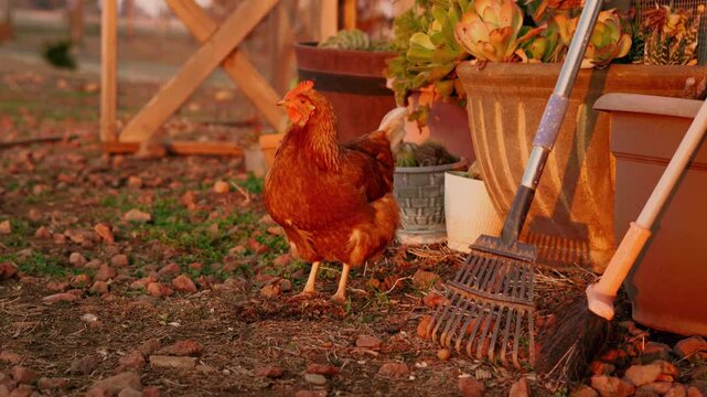 A chicken patiently waits outside his chicken coop looking around the farm. 4k video. Chicken in front of his Chicken coop