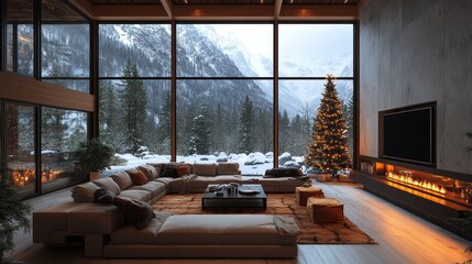 Naklejka premium Modern mountain cabin living room with Christmas tree and fireplace, overlooking snowy landscape.