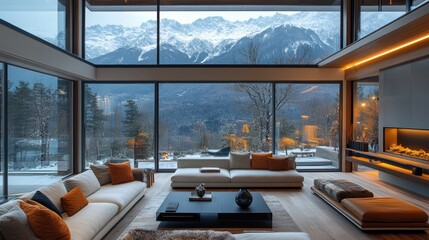 Naklejka premium Luxurious mountain chalet living room with panoramic snow-capped views and modern fireplace