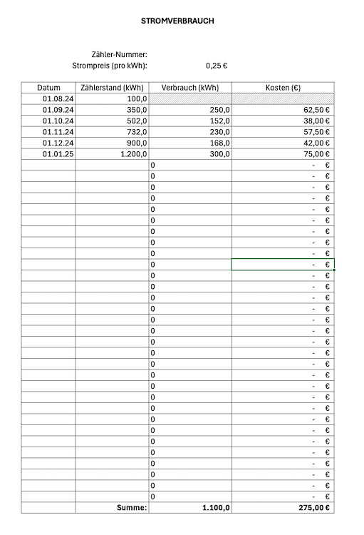 Stromverbrauch mit Excel ermitteln (Screenshot)