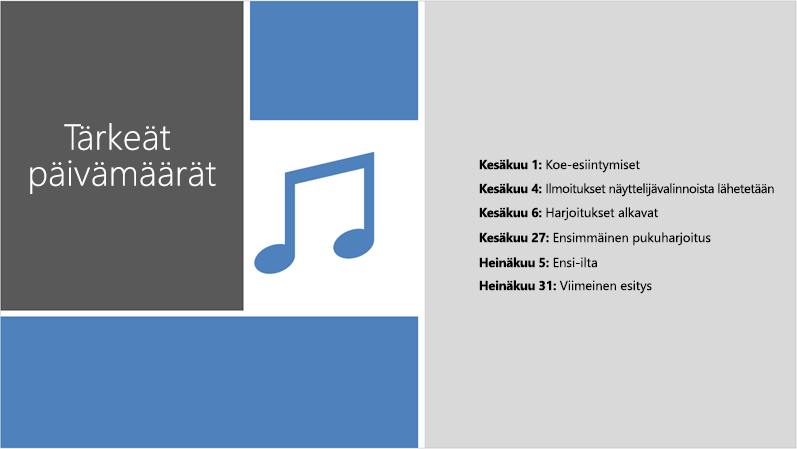 Esimerkkidia, jossa on tekstin aikajana, johon PowerPointin suunnittelutyökalu on lisännyt kuvan ja suunnittelun.