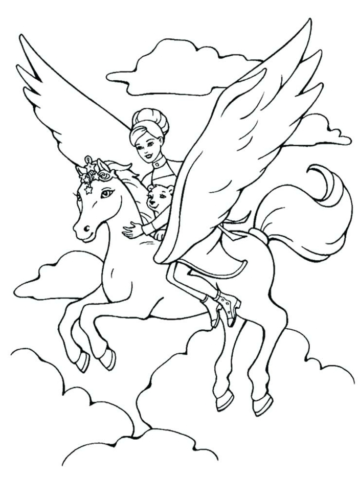 einhorn ausmalbild, pinzessin am unicorn, fligen in den wolken