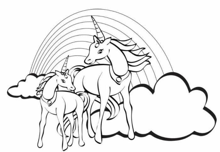 einhorn zum azsmalen, wolken und regenbogen, zwei unicorns