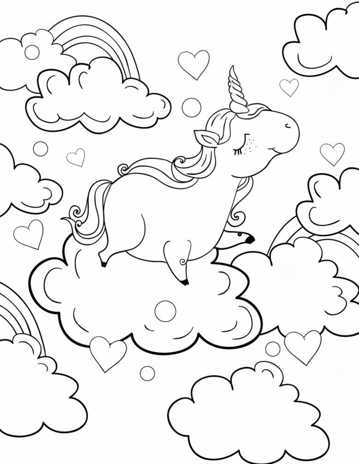 süße einhorn bilder, unicorn in den wolken, herzen und kreise, ausmalbild