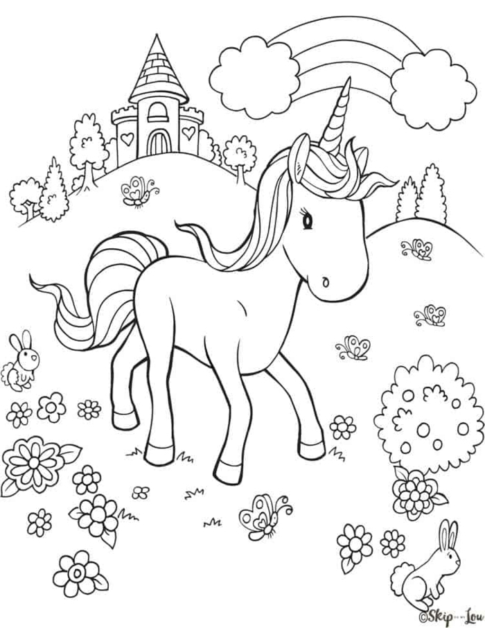 unicorn bilder, kleiner einhorn, wiese mit blumen, regenbgen und wolken