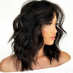 mittellang bob frisur schwarze haare mit locken