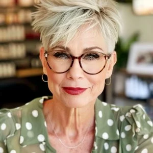 feines haar kurzhaarfrisuren fransiger pixie cut mit seitenscheitel pony und brille