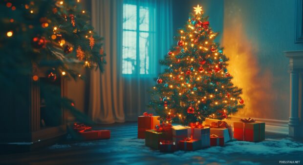 A serene winter scene with a decorated Christmas tree, glowing lights, and a few wrapped gifts placed around it.