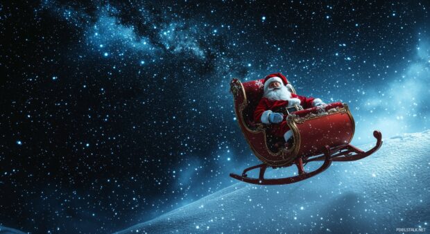 Santa Claus riding his sleigh across a starry night sky, Christmas Wallpaper for Desktop.