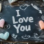 A chalkboard with I Love You written in white chalk, surrounded by doodles of hearts and arrows, creating a playful and charming message of love (2).