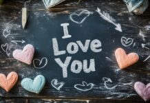 A chalkboard with I Love You written in white chalk, surrounded by doodles of hearts and arrows, creating a playful and charming message of love (2).