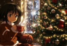 A cozy anime scene of a festive living room decorated with twinkling lights and a beautifully adorned Christmas tree, with characters enjoying hot cocoa and holiday cheer.