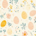 Preppy Easter wallpaper Full HD with pastel colored eggs and flowers in a repeating tile design, soft lines, and clean vector art style.