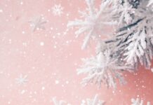 Soft pink Christmas Wallpaper with delicate white snowflakes and stars.