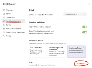 Screenshot zeigt das Menü für benutzerdefinierte Einstellungen für Chat-Benachrichtigen in Microsoft Teams