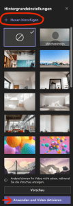 Microsoft Teams Bildauswahl in Hintergrundeinstellungen