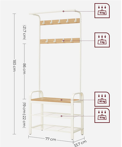 Kleiderstander, Garderobenständer, Garderobe mit Sitzbank, Kleiderständer weiß, Garderobenständer weiß, Vasagle