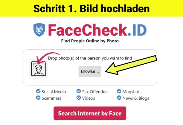 Schritt 1. Gehen Sie zu FaceCheck.ID und laden Sie ein Foto eines Gesichts hoch