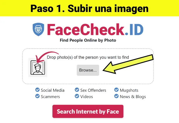 Paso 1. Ve a FaceCheck.ID y sube una foto de un rostro