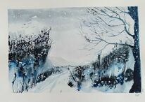 Blau, Rakeltechnik, Winter, Aquarell